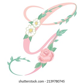 Upper case letter. "G". Floral font. Vector illustration.