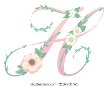 Letra mayúscula. "H". Fuente floral. Ilustración vectorial.