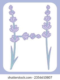 Upper case letter. "H". Lavender flower font. Vector illustration.