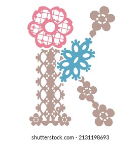 Letra mayúscula. "K". Fuente de encajes florales. Ilustración vectorial.