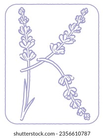 Upper case letter. "K". Lavender flower font. Vector illustration.