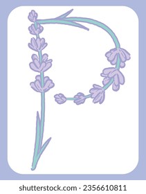 Upper case letter. "P". Lavender flower font. Vector illustration.