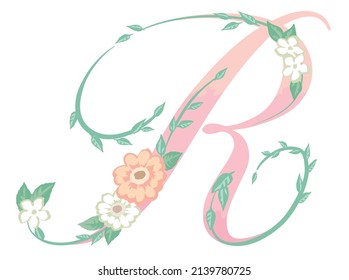 Letra mayúscula. "R". Fuente floral. Ilustración vectorial.