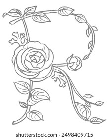 Letra mayúscula. «R». Fuente floral. Ilustración vectorial.