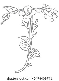 Upper case letter. "T". Floral font. Vector illustration.