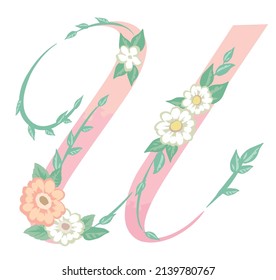 Letra mayúscula. "U". Fuente floral. Ilustración vectorial.