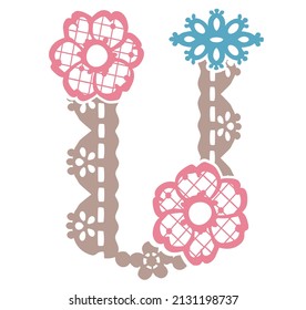 Upper case letter. "U". Font of floral laces. Vector illustration.