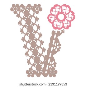 Upper case letter. "V". Font of floral laces. Vector illustration.