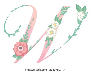 Großbuchstabe. "W". Blumenschrift. Vektorgrafik.