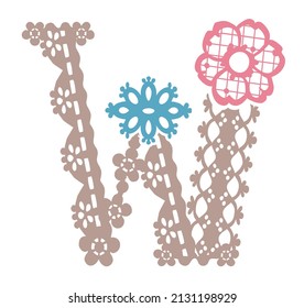 Letra mayúscula. "W". Fuente de encajes florales. Ilustración vectorial.