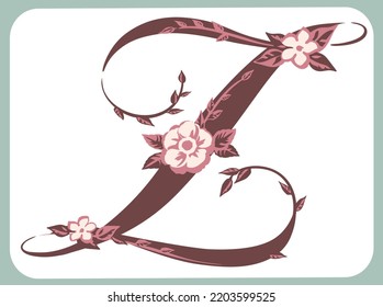 Letra mayúscula. "Z". Fuente floral. Ilustración vectorial.