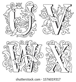 Upper case U, V, W, X. Drop Caps. Cartoon letters fabulous hand drawn. Fabulous ornamental capital letters. For fairy tale design. Design text of the book fairytales.  Vector illustration for coloring