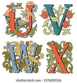 Upper case U, V, W, X. Drop Caps. Cartoon letters fabulous hand drawn. Fabulous ornamental capital letters. For fairy tale design. Design text of the book fairytales.  Vector illustration