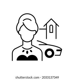 Upper Class Black Linear Icon. Woman Of High Status In Society. Luxury Lifestyle. Party For Wealthy, Rich Person. Social Type. Outline Symbol On White Space. Vector Isolated Illustration