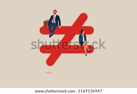 Upper class male sitting on top of injustice, unfairness symbol with person of woman at the bottom. Gender pay gap, inequality between man and woman wage income, issue about gender diversification.
