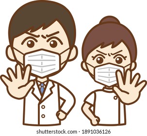 Upper frontal body illustration of a doctor's man and a nurse's woman making a stop gesture wearing a mask