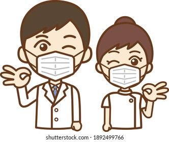Upper frontal body illustration of a doctor's man and a nurse's woman making a OK gesture wearing a mask