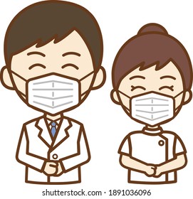 Upper frontal body illustration of a smiling doctor's man and a nurse wearing a mask