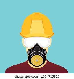 Upper half body of a worker with hardhat, goggles, and gas mask for personal protective equipment. Vector illustration of work safety gear for industrial and construction work.