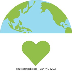 A metade superior da Terra com oceanos azuis e continentes verdes flutuando sobre um coração verde, simbolizando o cuidado global, a proteção ambiental, e o amor pelo planeta.