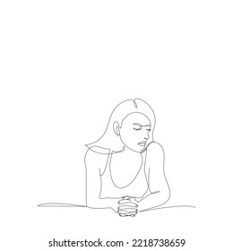 Upper half of one sad girl sitting holding hands is preoccupied in single line drawing style.Vector illustrations in continue line design concept for Healthcare support people who upset or depression.