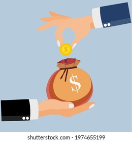 Upper hand catching gold coin, lower hand in open palm position holding money’s bag, money. Saving and making money concept. Giving money
