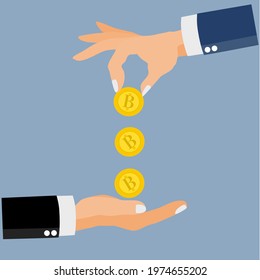 Upper hand catching gold coin, lower hand in open palm position holding money’s bag, money. Saving and making money concept. Giving money