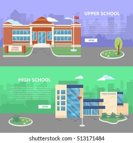 Upper and high school web banners. Modern and classic school buildings with trees flowerbed, flag on yard flat vector illustrations, color city silhouettes on background. For landing page design