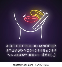 Upper lip neon light icon. Female facial hair removal procedure. Depilation with natural hot sugar wax. Glowing sign with alphabet, numbers and symbols. Vector isolated illustration