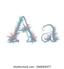 Upper and lower case letter A made of branches. Letters decorated with flowers, leafs, branches and berries.