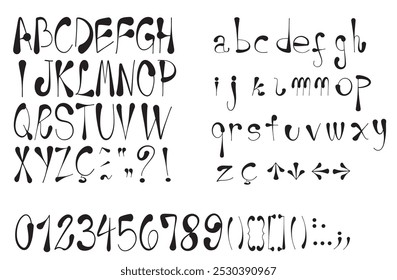 Letras maiúsculas e minúsculas, números e símbolos em uma única fonte. Isolado no fundo branco.