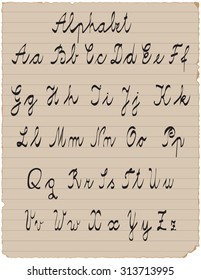 Upper and lower handwritten alphabet letters on the old paper