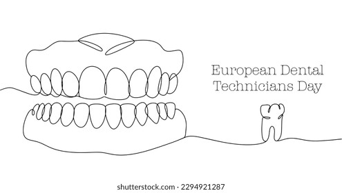 Upper and lower jaw of a human with teeth. Insert jaw. European Dental Technicians Day. One line drawing for different uses. Vector illustration.