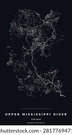 Upper Mississippi River drainage basin watershed map, white streams on black, minimalist line art poster and modern wall decor
