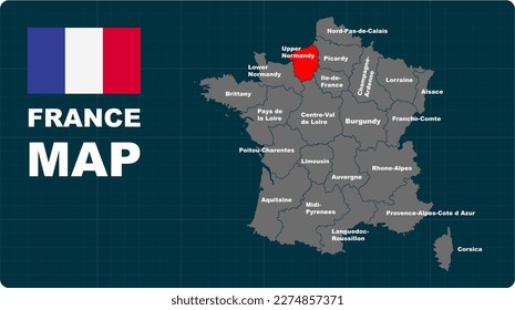 Upper Normandy Map, Upper Normandy red highlighted in 🇫🇷 FANCE 🇫🇷 map, flat design illustration vector