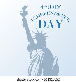 The upper part of the Statue of Liberty on a light background with blue date and inscription Independence Day