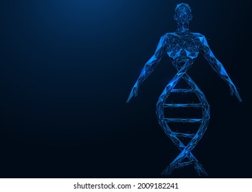 The upper part of the woman's body is connected to the DNA helix. Polygonal construction of lines and points. Blue background.