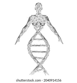 The upper part of the woman's body is connected to the DNA helix. Polygonal construction of lines and points.
