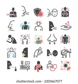 Upper respiratory tract infections URI or URTI. Symptoms, Treatment. Line icons set. Vector signs for web graphics.