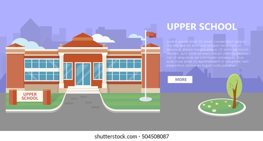 Upper school building vector illustration. Flat design. Public educational institution. Modern projects of educational establishments. School facade and yard. Front view. College organization