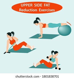 Upper side fat - Reduction Exercises - gymnastic ball, elastic band, dumbbells - vector. Slim body concept.