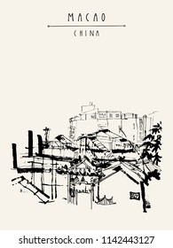 Upper view of Macao from the ruins of St. Paul's Cathedral. Macau, China, Asia. Traditional Chinese houses. Vintage hand drawn postcard in vector