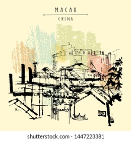 Upper view of Macao from the ruins of St. Paul's Cathedral. Macau, China, Asia. Traditional Chinese houses. Vintage hand drawn postcard in vector