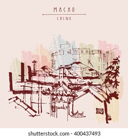 Upper view of Macao from the ruins of St. Paul's Cathedral. Macau, China, Asia. Traditional Chinese houses. Vintage hand drawn postcard in vector