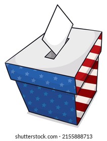 Upper view of patriotic ballot box decorated with the color of the U.S.A. flag and vote for American elections. Design in cartoon style.