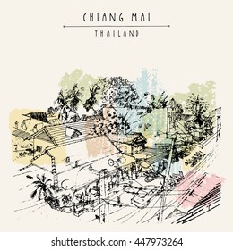 Upper view of Ratchamanka street in Chiang Mai, Thailand, Southeast Asia. Hand drawing. Vintage artwork. Travel sketch. Book illustration, touristic postcard or poster in vector