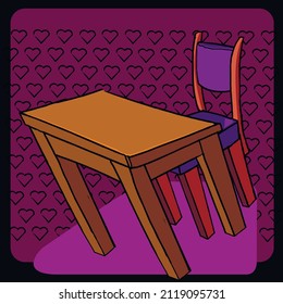 Upper view of a wooden working desk with chair on a dark background with a pattern of simple stroke-hearts.