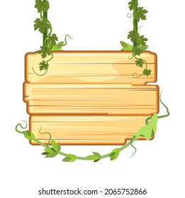 Upper wooden sign in the jungle. Suspended on vines. Empty board with place for text. With wood texture. Cartoon style. Isolated on white background. Vector