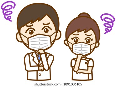 Upper-body front-facing illustrations of a dissatisfied doctor's man and a dissatisfied nurse's woman wearing a mask