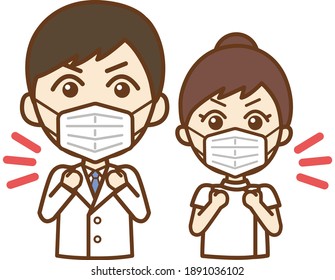 Upper-body front-facing illustrations of a motivated doctor's man and a motivated nurse's woman wearing a mask